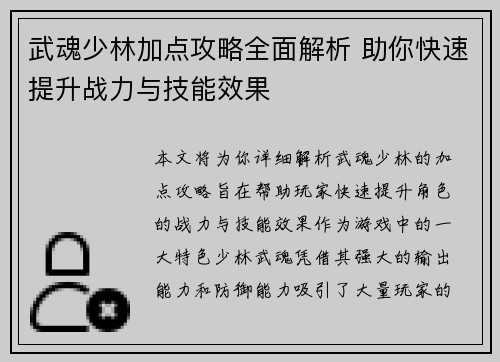 武魂少林加点攻略全面解析 助你快速提升战力与技能效果